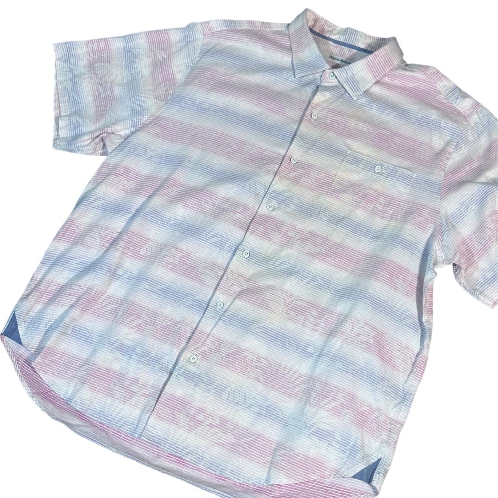 Tommy Bahama Shirt Men's XXL Multicolor Striped Tropical Leaf Cotton Button‎ Up
